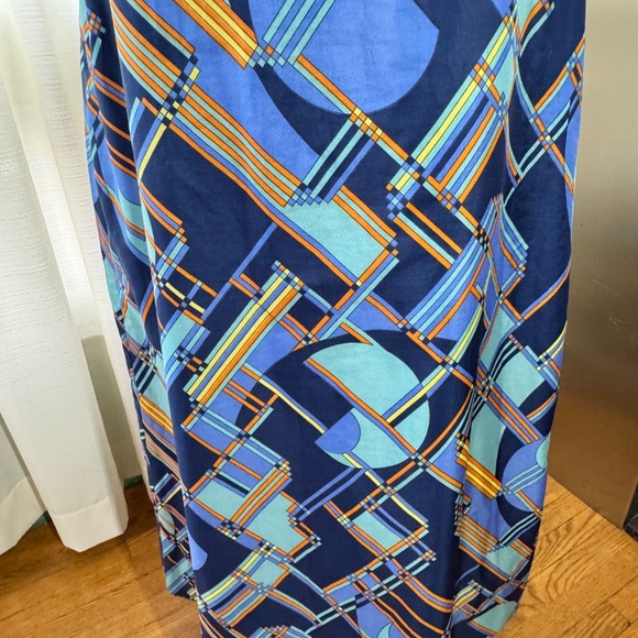 Vintage 60s halter maxi dress, blue orange abstract pattern, Norbert Carlin, 0/2 - Picture 13 of 15